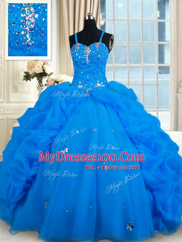 Blue Spaghetti Straps Lace Up Beading and Pick Ups Quinceanera Gowns Sleeveless