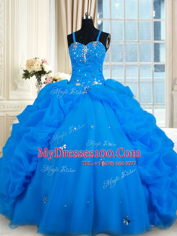 Blue Spaghetti Straps Lace Up Beading and Pick Ups Quinceanera Gowns Sleeveless