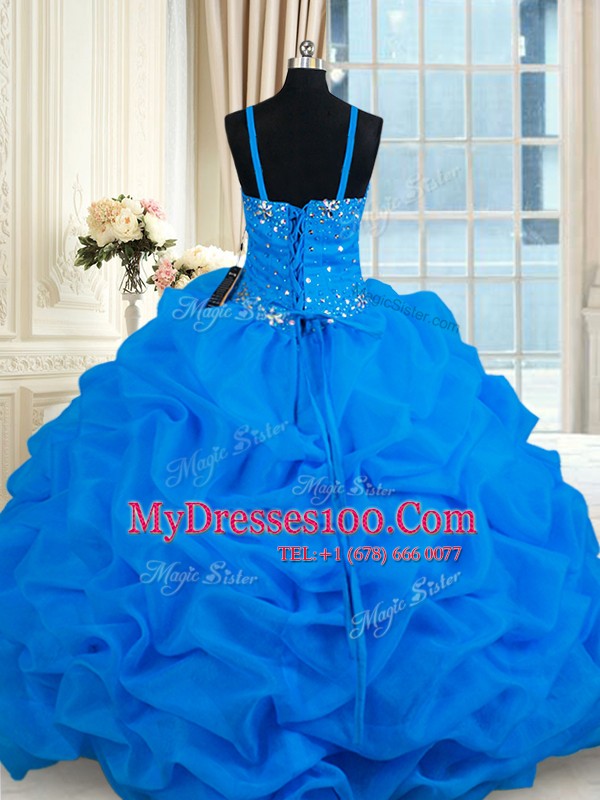 Blue Spaghetti Straps Lace Up Beading and Pick Ups Quinceanera Gowns Sleeveless