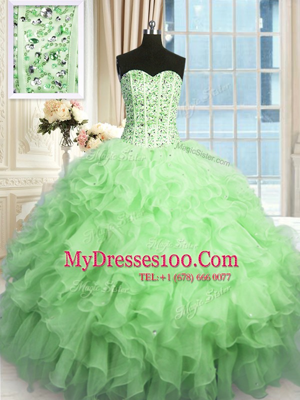 Hot Selling Apple Green Sweetheart Lace Up Beading and Ruffles Ball Gown Prom Dress Sleeveless