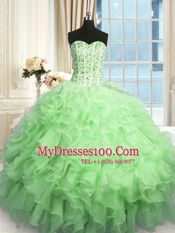 Hot Selling Apple Green Sweetheart Lace Up Beading and Ruffles Ball Gown Prom Dress Sleeveless