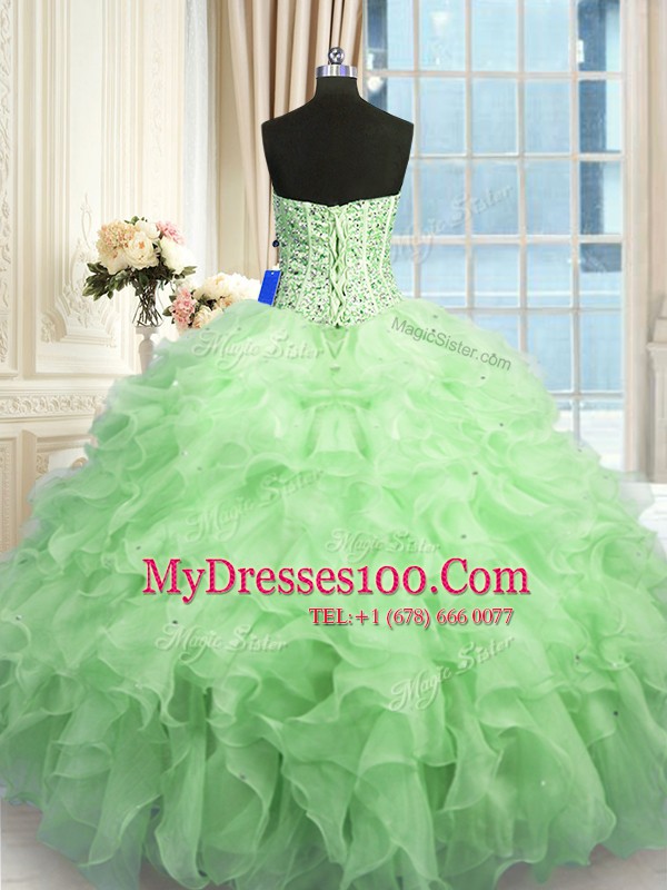 Hot Selling Apple Green Sweetheart Lace Up Beading and Ruffles Ball Gown Prom Dress Sleeveless