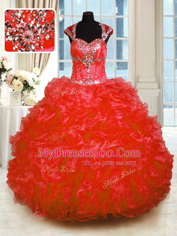 Modest Red Cap Sleeves Beading and Ruffles Floor Length 15 Quinceanera Dress