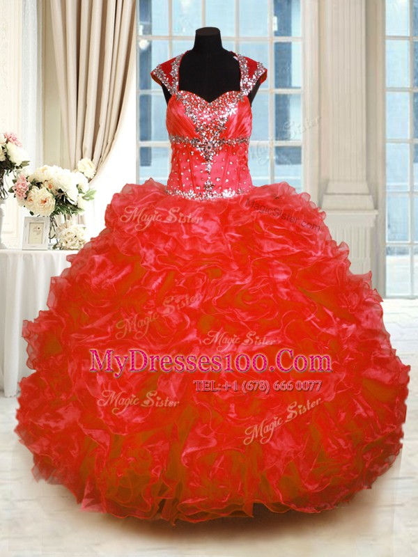 Modest Red Cap Sleeves Beading and Ruffles Floor Length 15 Quinceanera Dress