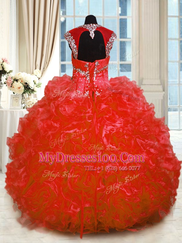 Modest Red Cap Sleeves Beading and Ruffles Floor Length 15 Quinceanera Dress