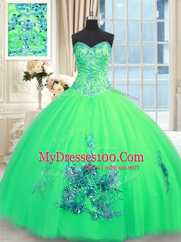 Tulle Sleeveless Floor Length Sweet 16 Quinceanera Dress and Beading and Appliques and Embroidery