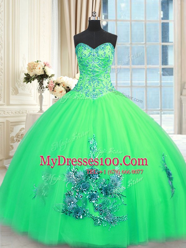 Tulle Sleeveless Floor Length Sweet 16 Quinceanera Dress and Beading and Appliques and Embroidery