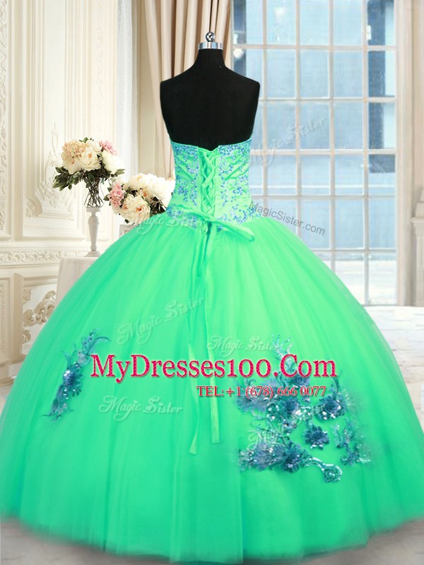 Tulle Sleeveless Floor Length Sweet 16 Quinceanera Dress and Beading and Appliques and Embroidery
