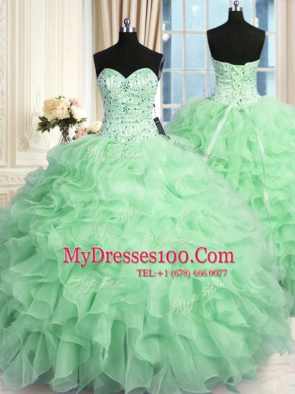 Apple Green Sweetheart Neckline Beading and Ruffles 15th Birthday Dress Sleeveless Lace Up