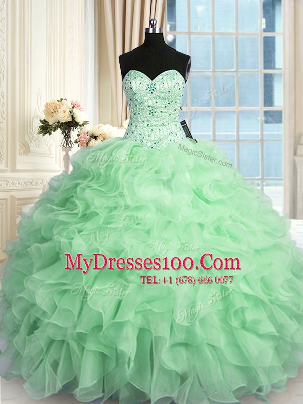 Apple Green Sweetheart Neckline Beading and Ruffles 15th Birthday Dress Sleeveless Lace Up