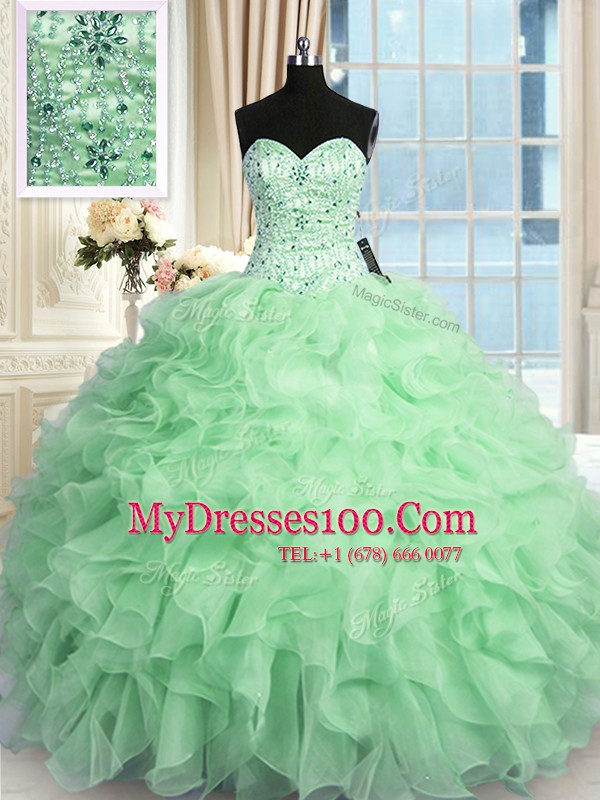 Apple Green Sweetheart Neckline Beading and Ruffles 15th Birthday Dress Sleeveless Lace Up