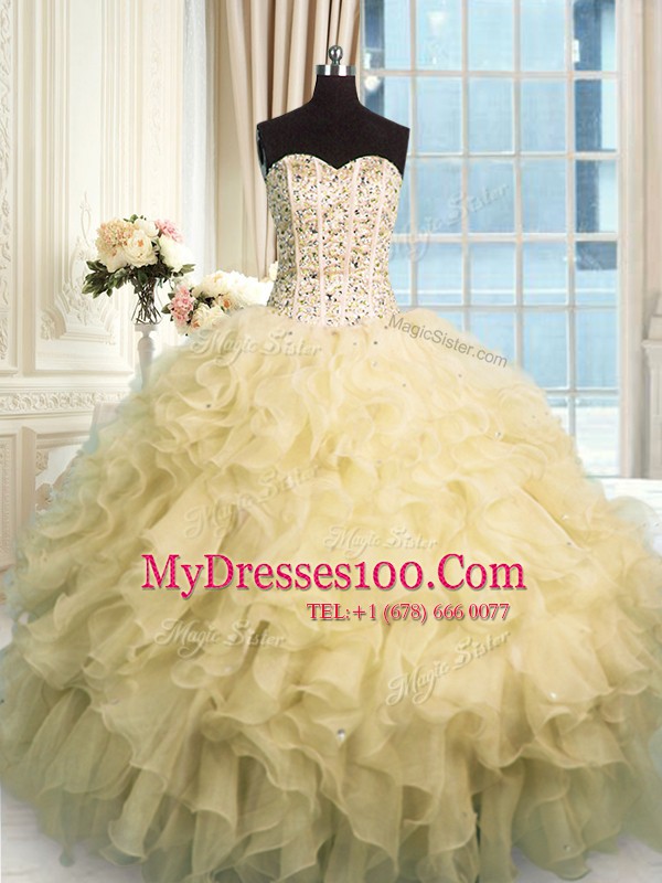 Hot Sale Champagne Organza Lace Up Vestidos de Quinceanera Sleeveless Floor Length Beading and Ruffles