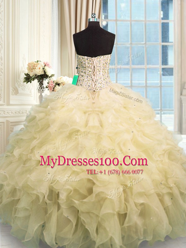 Hot Sale Champagne Organza Lace Up Vestidos de Quinceanera Sleeveless Floor Length Beading and Ruffles