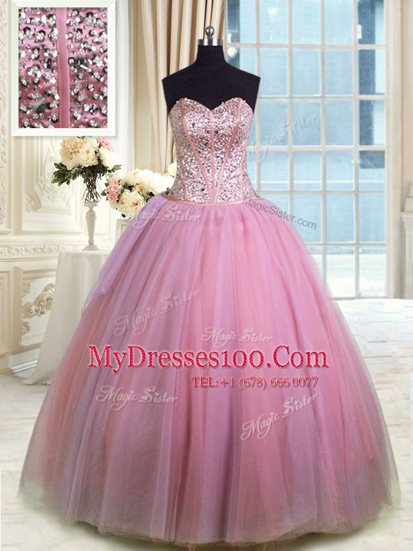 Best Selling Rose Pink Organza Lace Up Sweetheart Sleeveless Floor Length Quinceanera Gown Beading and Ruching