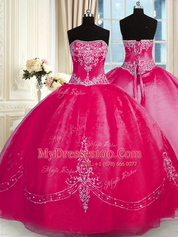 Organza Strapless Sleeveless Lace Up Beading and Embroidery 15th Birthday Dress in Coral Red