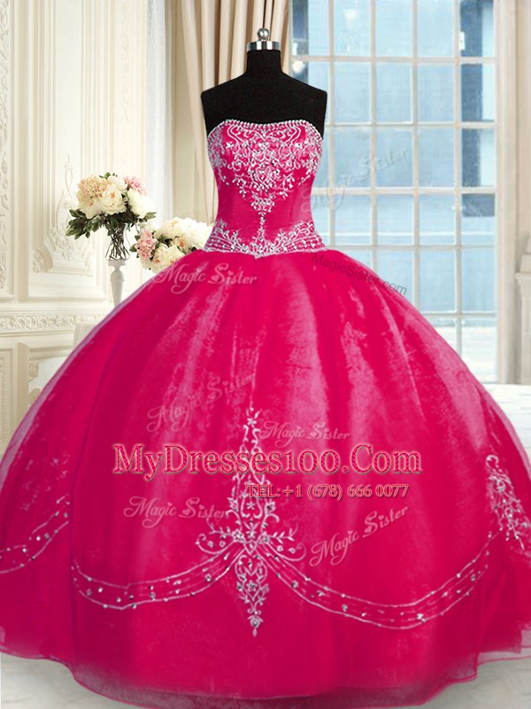 Organza Strapless Sleeveless Lace Up Beading and Embroidery 15th Birthday Dress in Coral Red