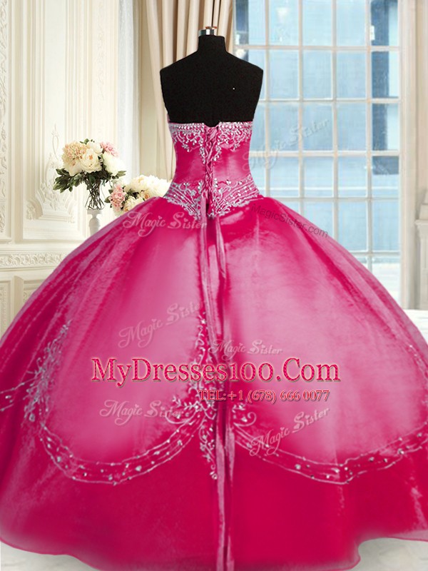 Organza Strapless Sleeveless Lace Up Beading and Embroidery 15th Birthday Dress in Coral Red