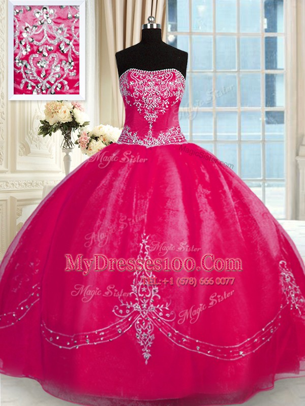 Organza Strapless Sleeveless Lace Up Beading and Embroidery 15th Birthday Dress in Coral Red