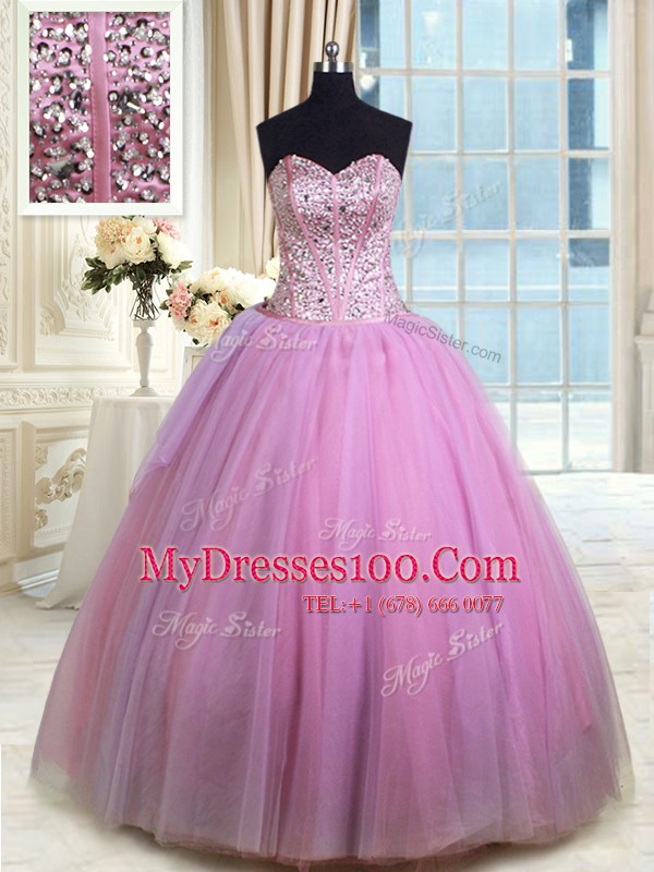 Artistic Floor Length Lilac Sweet 16 Dresses Organza Sleeveless Beading and Ruching