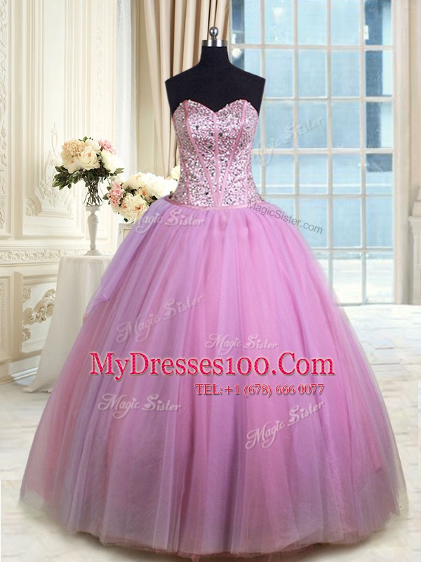 Artistic Floor Length Lilac Sweet 16 Dresses Organza Sleeveless Beading and Ruching