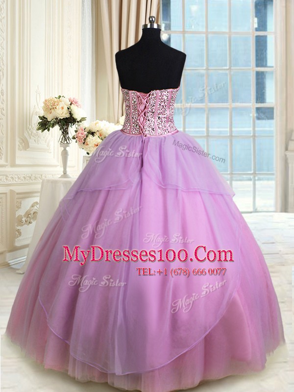 Artistic Floor Length Lilac Sweet 16 Dresses Organza Sleeveless Beading and Ruching