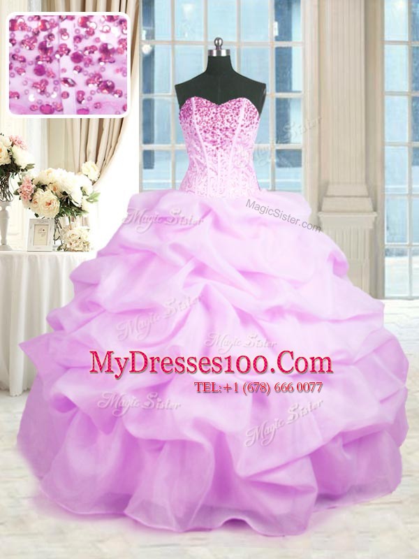 Lilac Organza Lace Up Quinceanera Dress Sleeveless Floor Length Beading and Ruffles