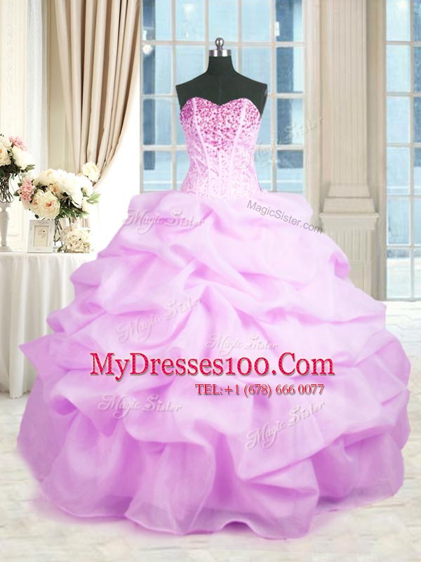 Lilac Organza Lace Up Quinceanera Dress Sleeveless Floor Length Beading and Ruffles