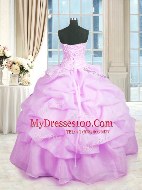 Lilac Organza Lace Up Quinceanera Dress Sleeveless Floor Length Beading and Ruffles