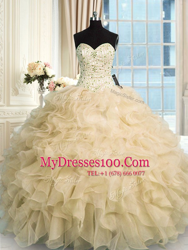 Decent Champagne Organza Lace Up Ball Gown Prom Dress Sleeveless Floor Length Beading and Ruffles
