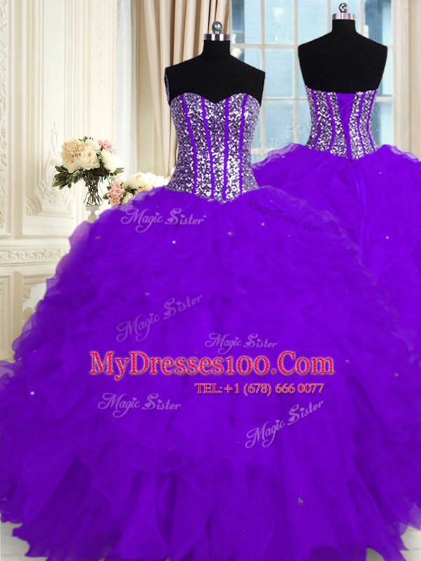 Eggplant Purple Organza Lace Up Sweetheart Sleeveless Floor Length Vestidos de Quinceanera Beading and Ruffles