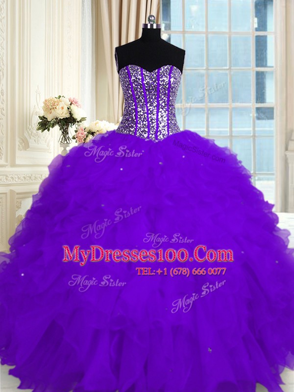 Eggplant Purple Organza Lace Up Sweetheart Sleeveless Floor Length Vestidos de Quinceanera Beading and Ruffles