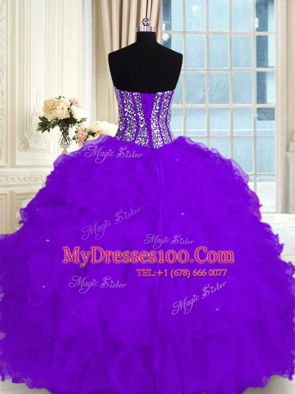 Eggplant Purple Organza Lace Up Sweetheart Sleeveless Floor Length Vestidos de Quinceanera Beading and Ruffles
