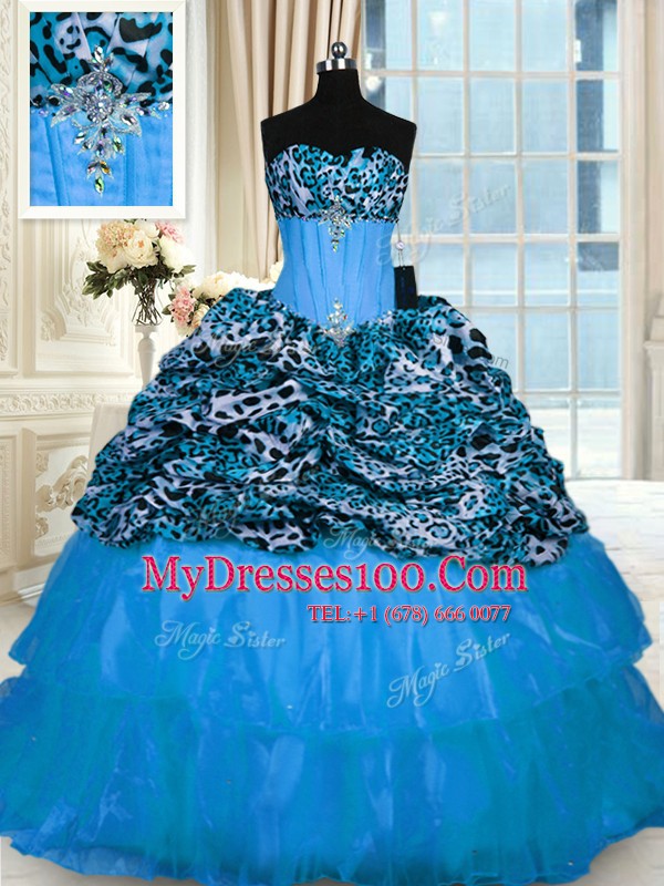Unique Organza and Printed Sweetheart Sleeveless Sweep Train Lace Up Beading and Ruffled Layers Quinceanera Gown in Baby Blue