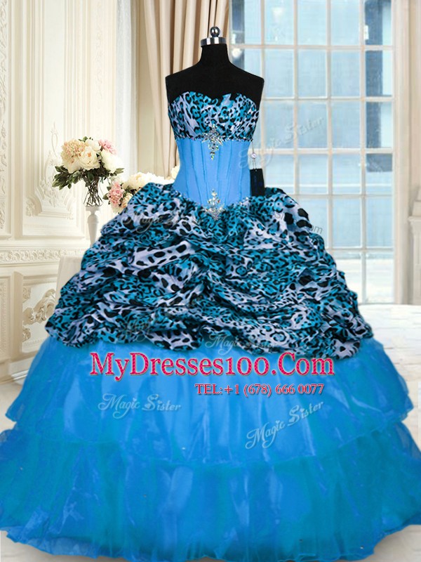 Unique Organza and Printed Sweetheart Sleeveless Sweep Train Lace Up Beading and Ruffled Layers Quinceanera Gown in Baby Blue