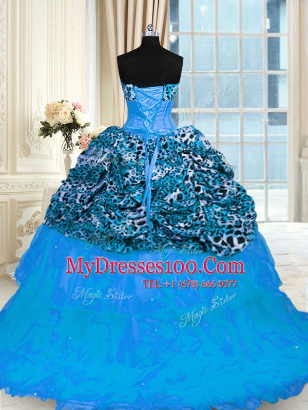 Unique Organza and Printed Sweetheart Sleeveless Sweep Train Lace Up Beading and Ruffled Layers Quinceanera Gown in Baby Blue