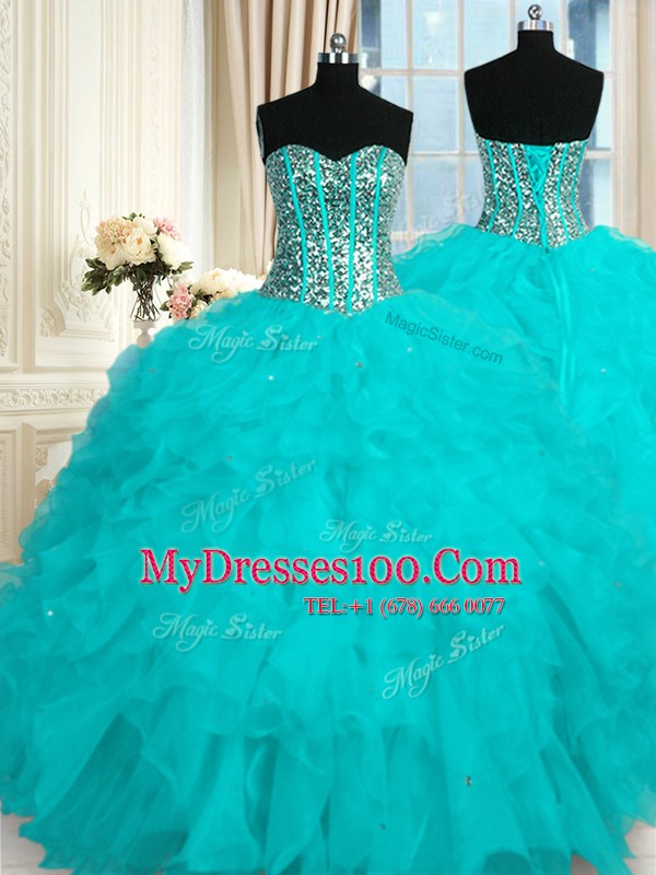 Fantastic Sleeveless Floor Length Beading and Ruffles Lace Up Sweet 16 Dresses with Baby Blue