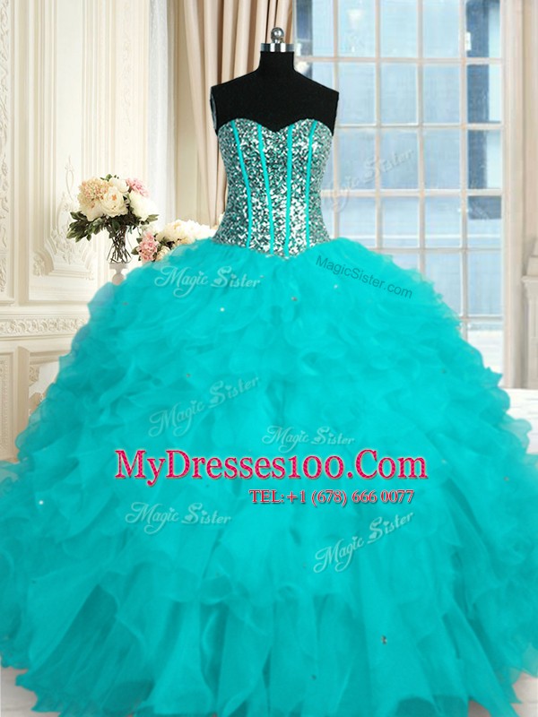 Fantastic Sleeveless Floor Length Beading and Ruffles Lace Up Sweet 16 Dresses with Baby Blue