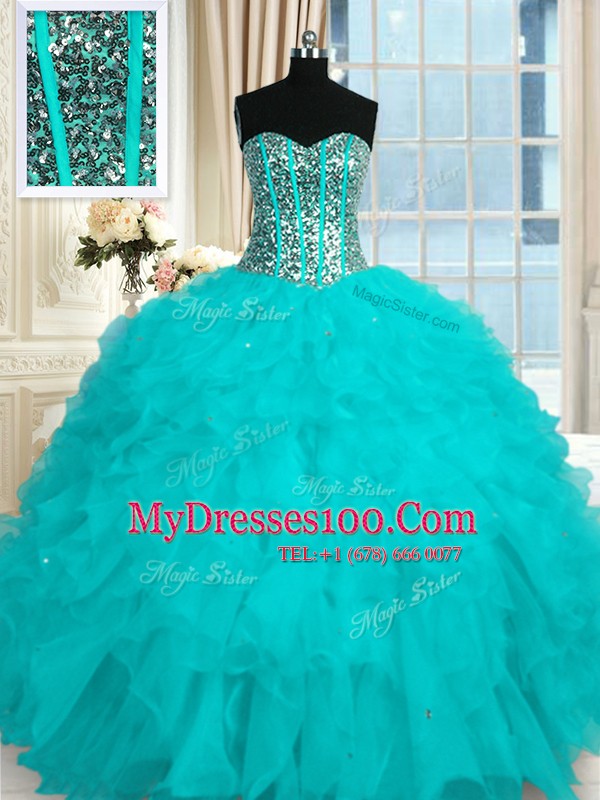 Fantastic Sleeveless Floor Length Beading and Ruffles Lace Up Sweet 16 Dresses with Baby Blue