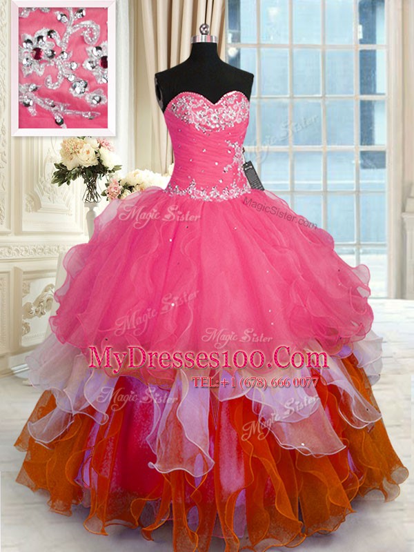 Suitable Ball Gowns Sweet 16 Dress Multi-color Sweetheart Organza Sleeveless Floor Length Lace Up