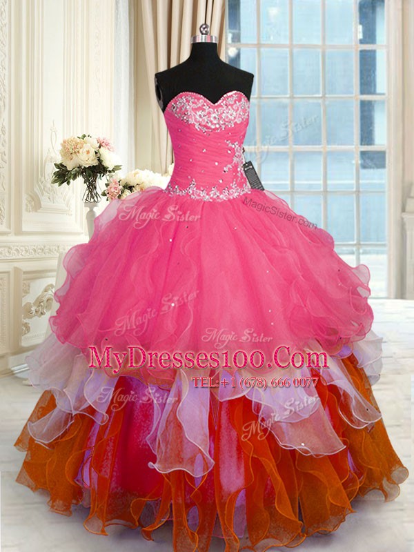 Suitable Ball Gowns Sweet 16 Dress Multi-color Sweetheart Organza Sleeveless Floor Length Lace Up