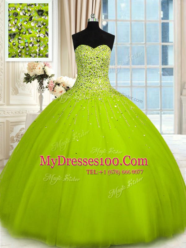 Perfect Sweetheart Sleeveless Lace Up Vestidos de Quinceanera Olive Green Tulle