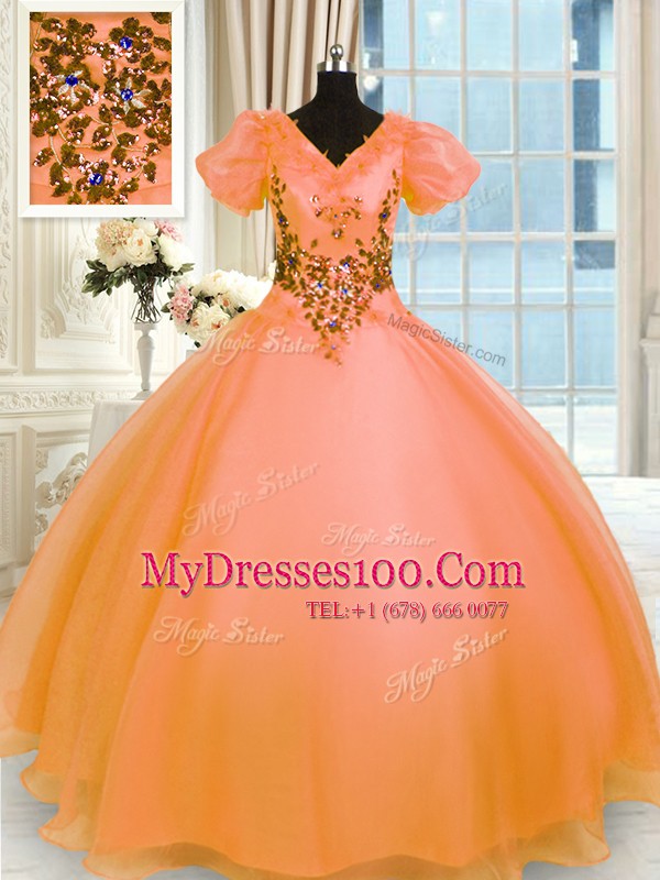 Deluxe Organza Short Sleeves Floor Length Quince Ball Gowns and Appliques