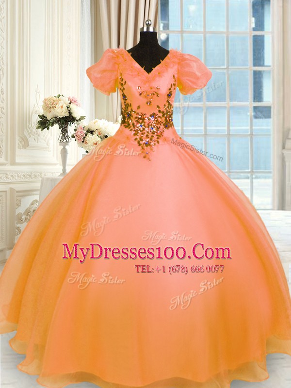 Deluxe Organza Short Sleeves Floor Length Quince Ball Gowns and Appliques