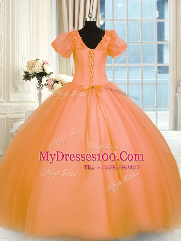 Deluxe Organza Short Sleeves Floor Length Quince Ball Gowns and Appliques