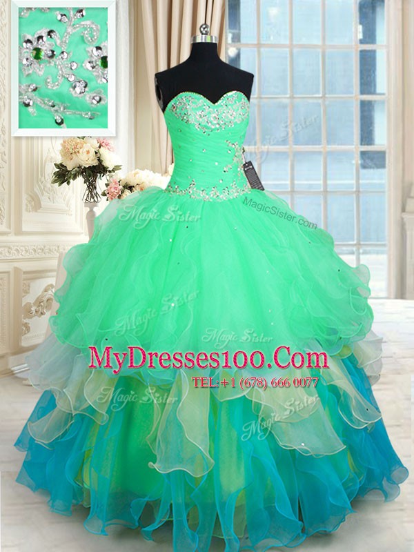 Multi-color Ball Gowns Sweetheart Sleeveless Organza Floor Length Lace Up Beading and Appliques and Ruffles Vestidos de Quinceanera