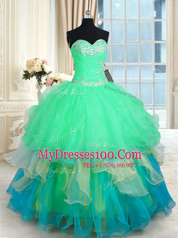 Multi-color Ball Gowns Sweetheart Sleeveless Organza Floor Length Lace Up Beading and Appliques and Ruffles Vestidos de Quinceanera