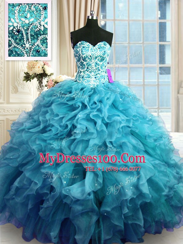Sleeveless Lace Up Floor Length Beading and Ruffles Quince Ball Gowns