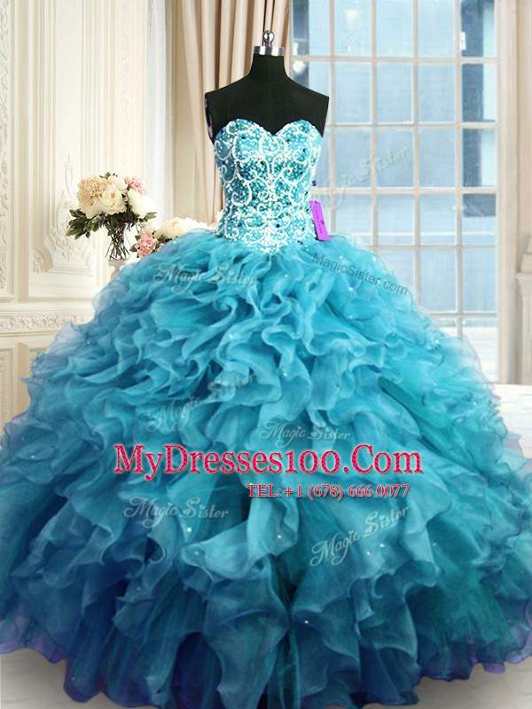 Sleeveless Lace Up Floor Length Beading and Ruffles Quince Ball Gowns