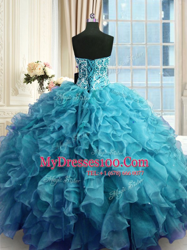 Sleeveless Lace Up Floor Length Beading and Ruffles Quince Ball Gowns