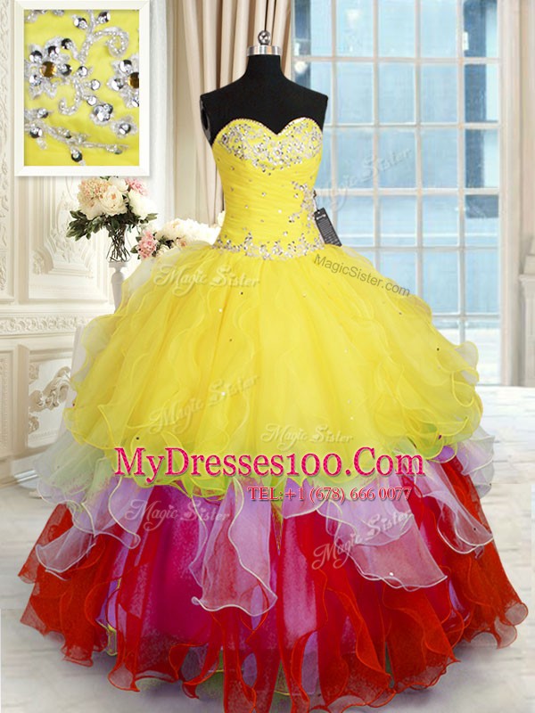 Low Price Multi-color Organza Lace Up Quince Ball Gowns Sleeveless Floor Length Beading and Ruffles